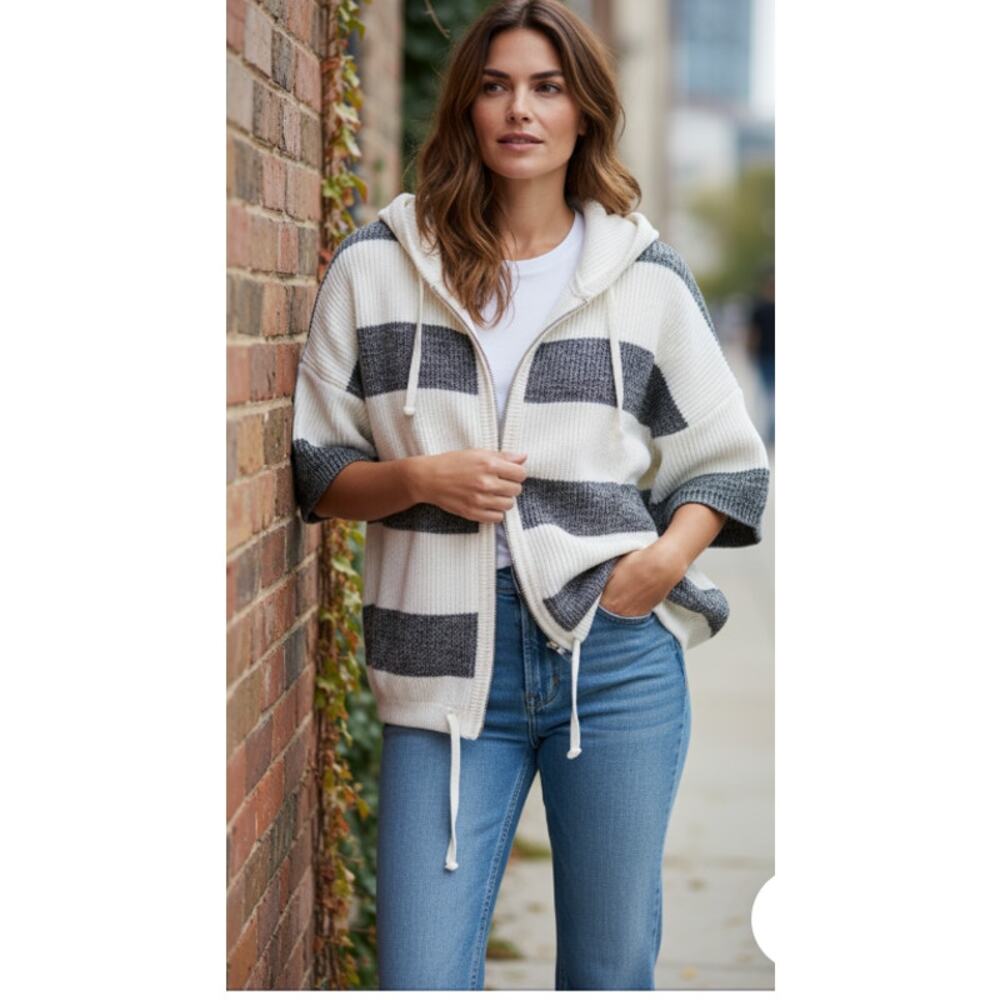 Kinross 100% Cotton Striped Knit Short Sleeve Hoodie size Small